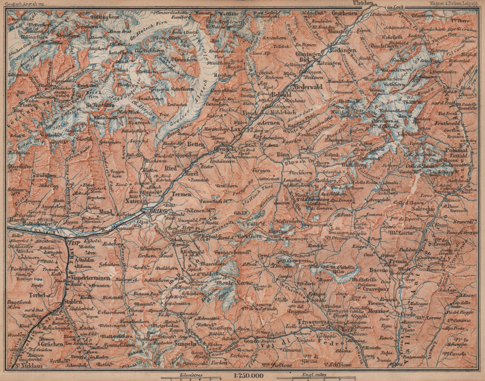 UPPER VALAIS. Grächen Aletschhorn Ofenhorn Brieg Niederwald Ried Rhone 1893 map